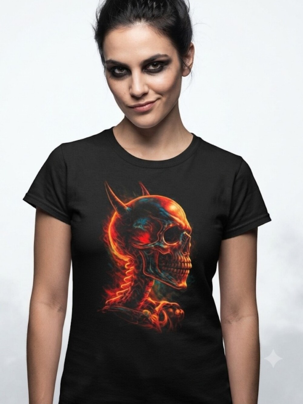 Upcycled Demon Horned Skull Graphic T-Shirt Size M Dark Gothic Tee